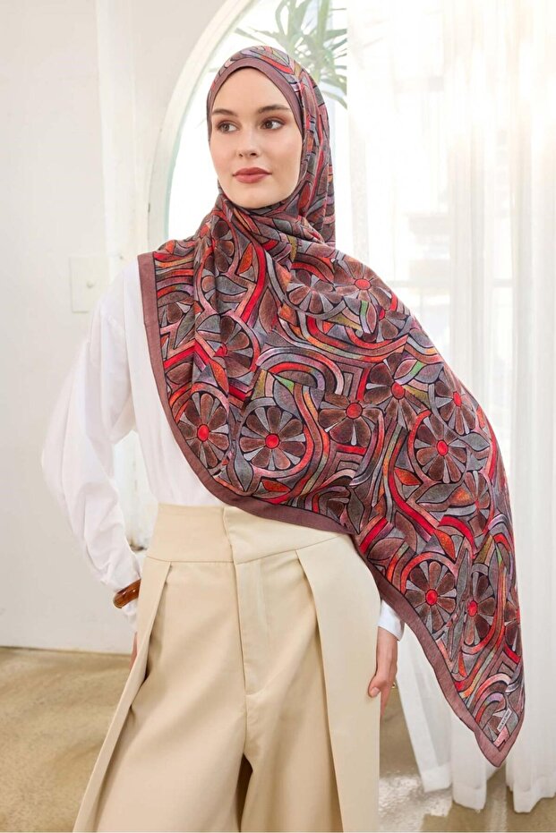 Mayda Shawl Ist 81002 - 10 Red Brown Abstract Pattern