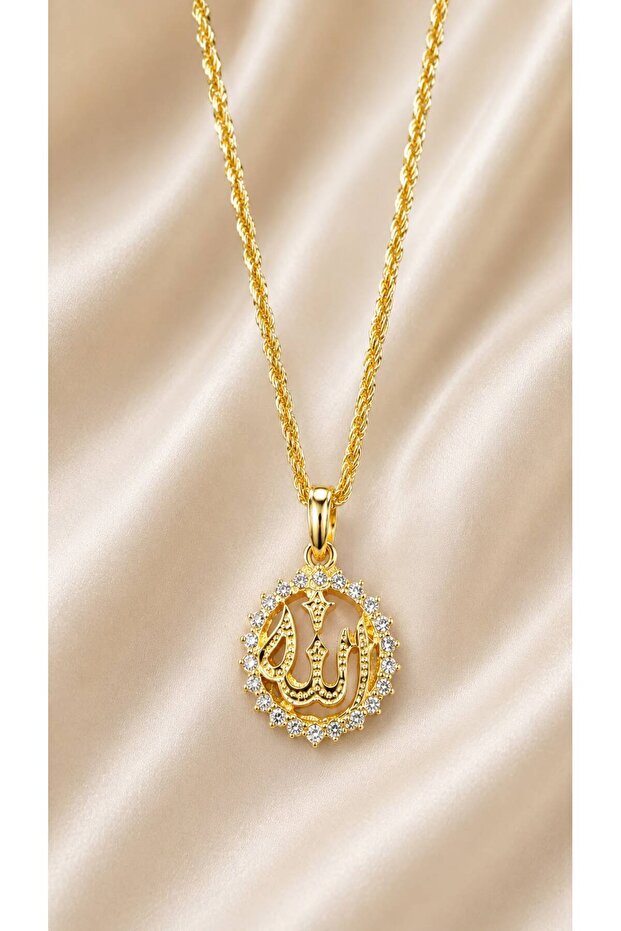 Gold Color Zircon Stone Plated Necklace with Allah Written