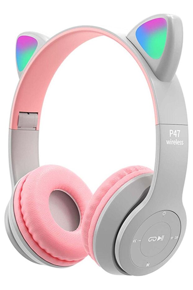 Kids LED Glow Headphones with Microphone, TF Card Support, Foldable Bluetooth & Wired Stereo Headset – Gray