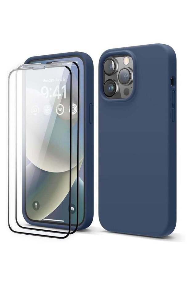 [3 in 1] iPhone 15 Pro Case with 9H Tempered Glass, Liquid Silicone Shockproof Cover (Navy Blue)