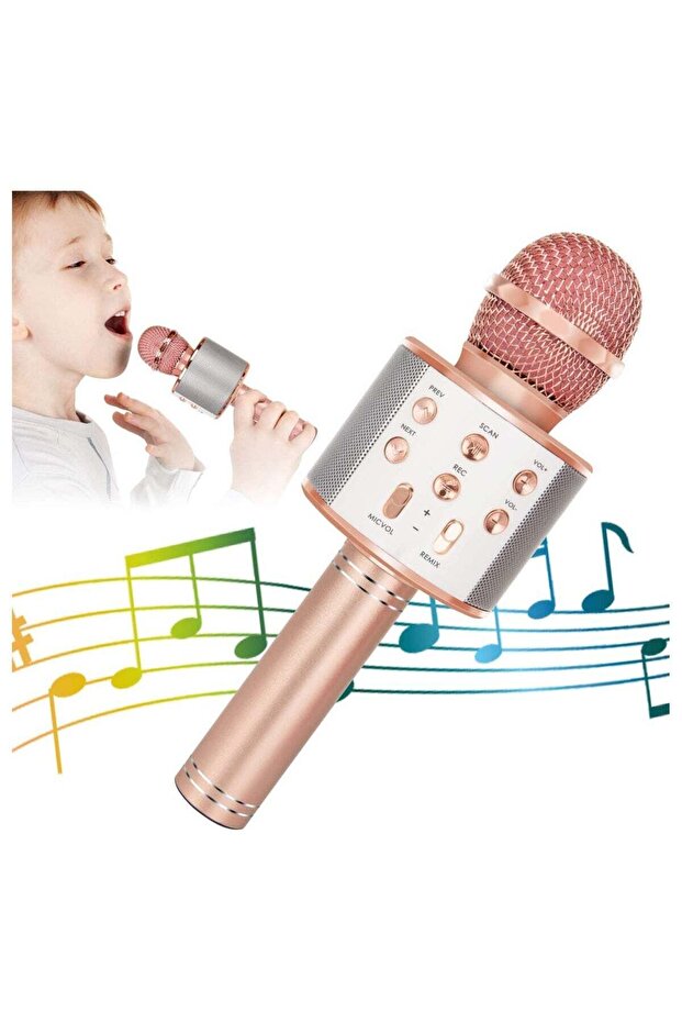 Wireless Bluetooth Karaoke Microphone for Kids, 5-in-1 Portable Handheld Karaoke Mic Speaker Player Recorder with Adjustable Remix