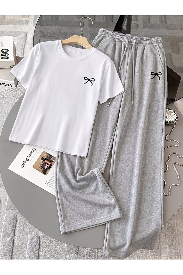 Unisex Women's Men's Minimal Ribbon Printed Oversized Tshirt and Baggy Sweatpants - Summer Two-Piece Tracksuit Set