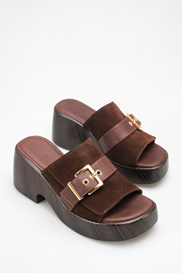 Belavisa Brown Suede Women's Daily Genuine Leather Thick Band Buckle Belted Platform Wedge Heel Slippers