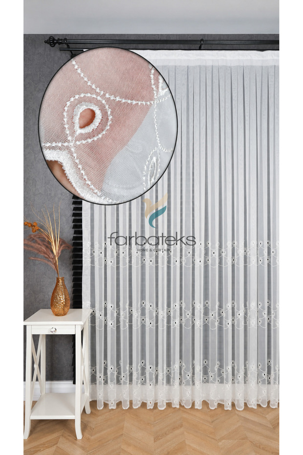 Delgi Nazar Embroidered Ecru 3 Layer Pleated Tulle Curtain