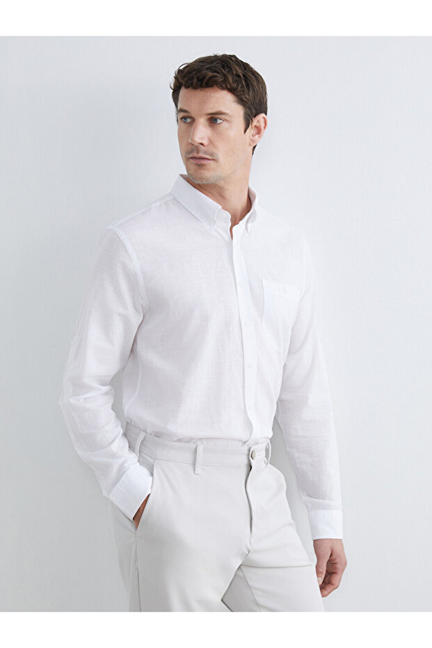 Ozmarka New Season White Regular Fit Linen Blend Men's Basic Shirt