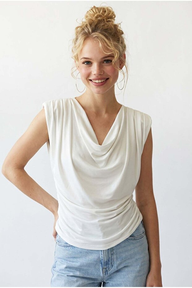 2133 Women's Padded Collar Slim Fit Sleeveless Blouse White