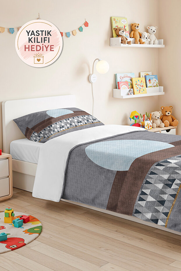 Gray Geometric Youth Room Single Pique Set - Blue Brown 160X220 cm Quilted Bedspread
