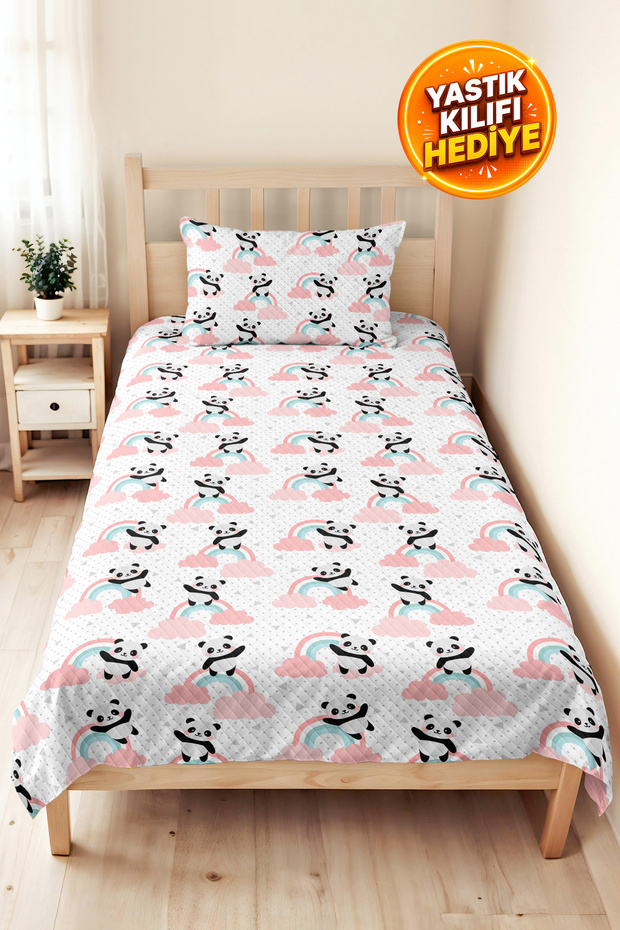 Panda Rainbow Pink Girls' Pique Set-Pastel Cloud Mint Baby Room Bedspread-160X220 cm