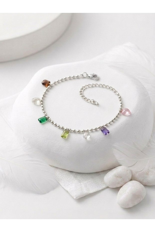 Women's Steel Bracelet, Anti-Tarnish, Silver Color, Tiny Colorful Stone Model