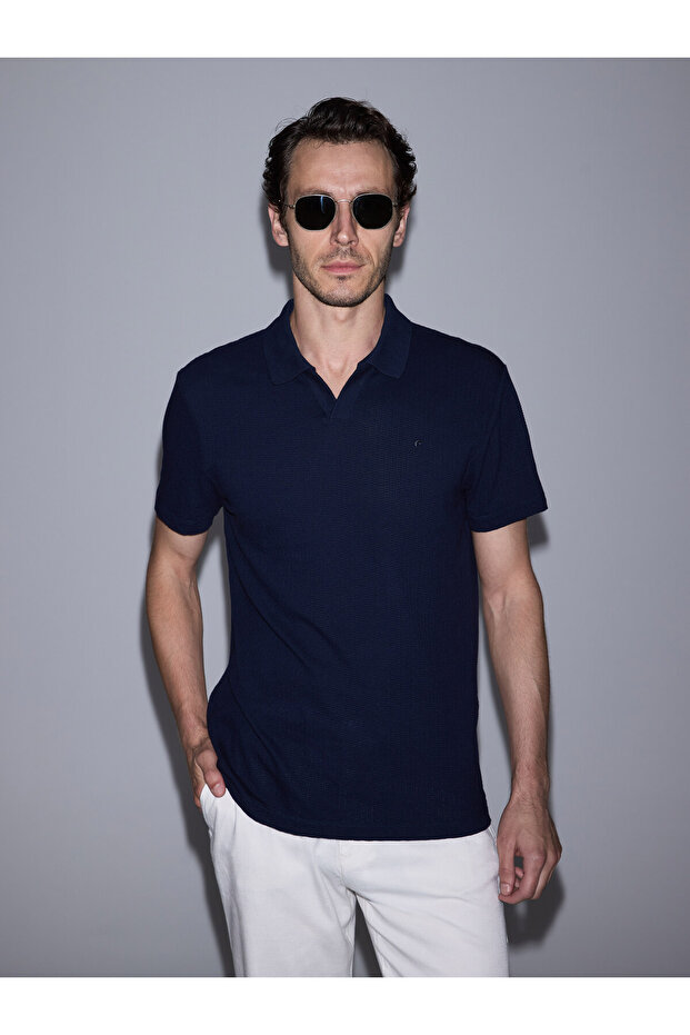 Navy Blue Slim Fit 100% Cotton Apaş Collar T-Shirt 50328349-Vr033
