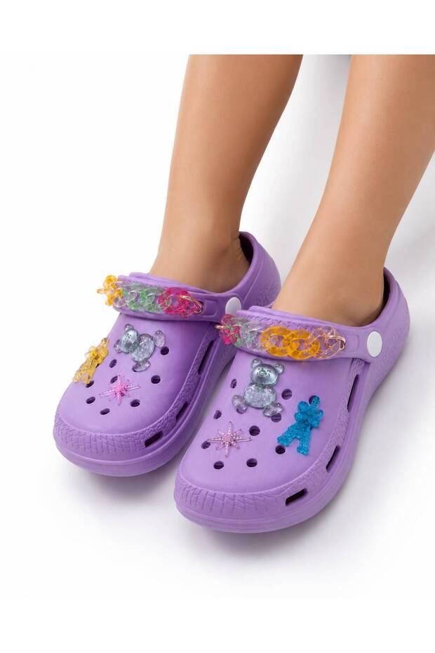 Lilac Girls' Slippers with Charm Decoration and Colorful Chain Detail, Lightweight Daily Summer Children's Slippers