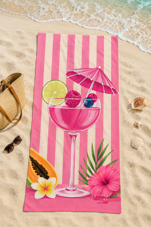 Pink Tropical Drink and Umbrella Patterned 70X150 Beach Towel, Soft Textured Sea Towel Model