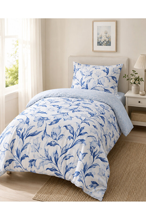 Single Duvet Cover Set Blue Floral Patterned 160X220 cm Duvet Cover Set with Sheets