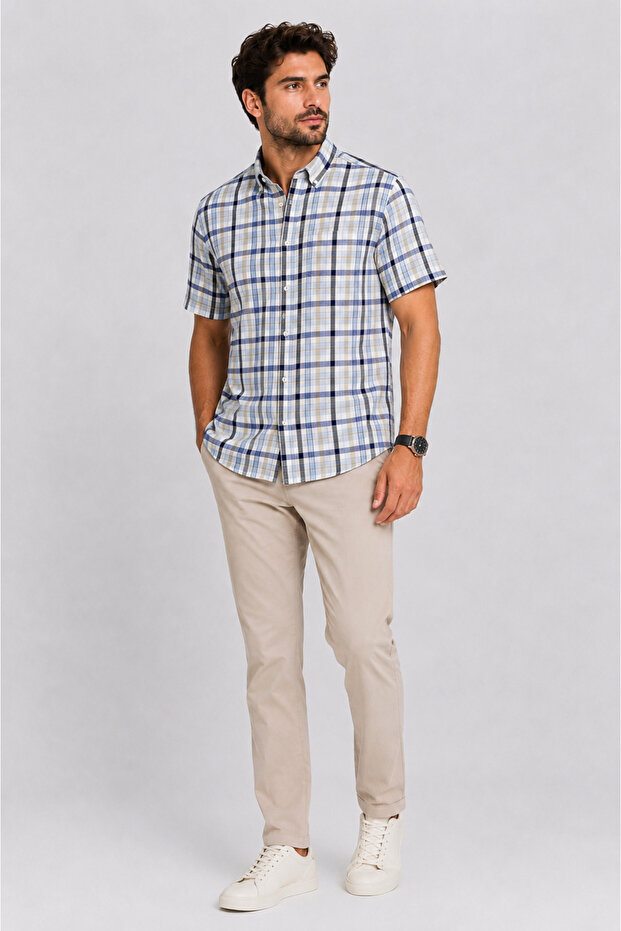 Men's Collared Buttoned Short Sleeve Plaid Shirt - 6086 - Blue