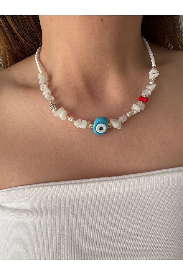 Evil eye beaded natural stone necklace