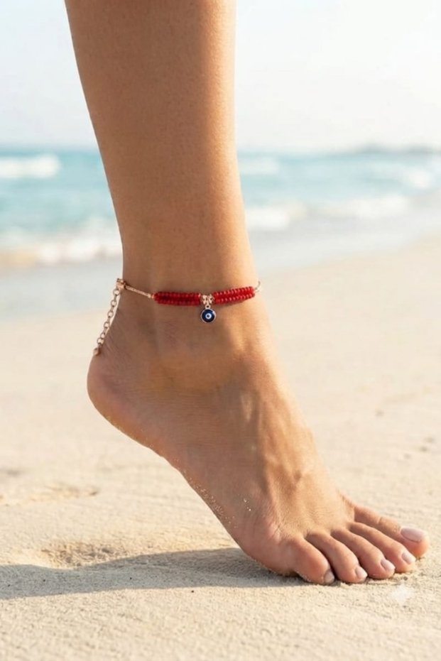 Women's Anklet with Beads and Evil Eye Bead Detail, Dorika Bulk Double Row Colorful Rose Gold Chain Anklet