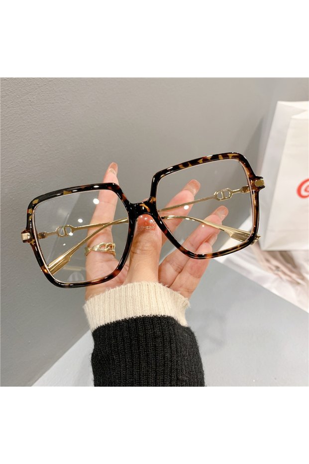 Leopard Metal Fashion Oversized Square Eyewear Retro Women's Anti-blue Light Bloking Metal Frame Gla