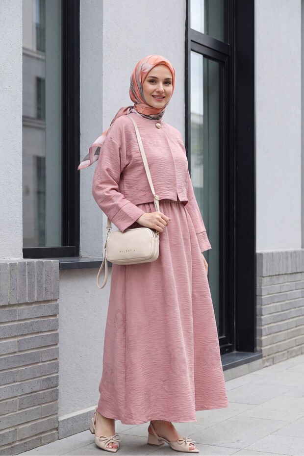 Single Button Embroidered Skirt Linen Look Suit - Dried Rose