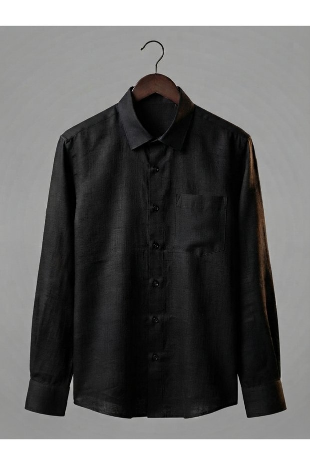 Men's Linen Look Classic Loose Fit Long Sleeve Dad Shirt with Pockets