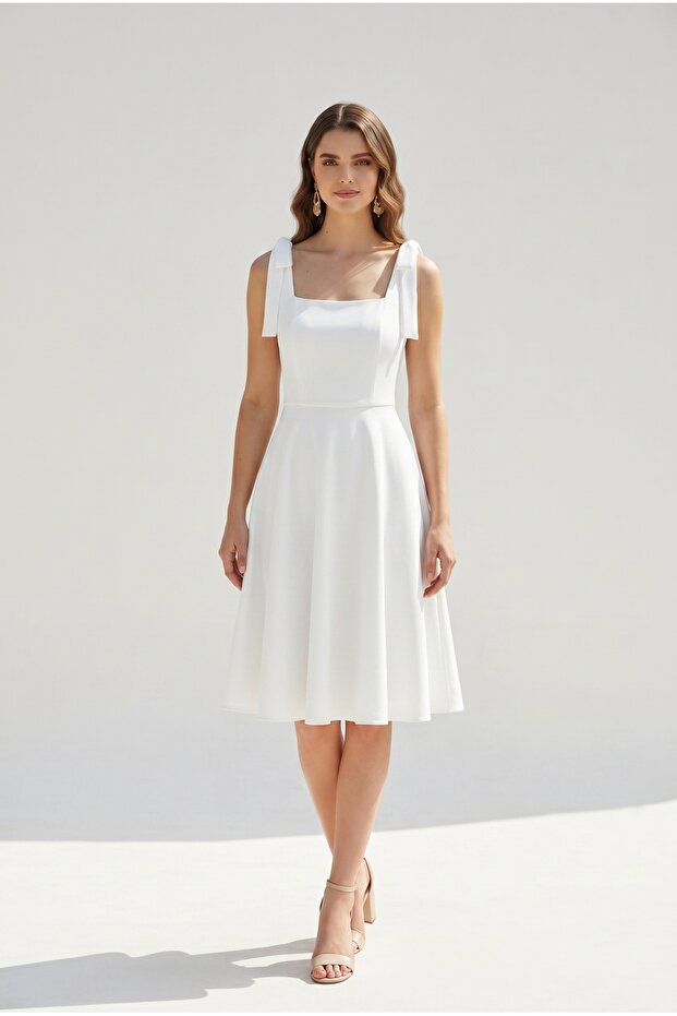 Square Neckline Straps Midi Flared Evening Dress Lined Non-See-Through Wedding Party Dress