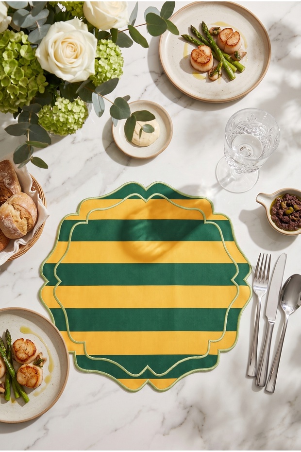 4-Piece Green Embroidered Striped Linen Placemat Set | Stain Resistant | Modern Table Decor
