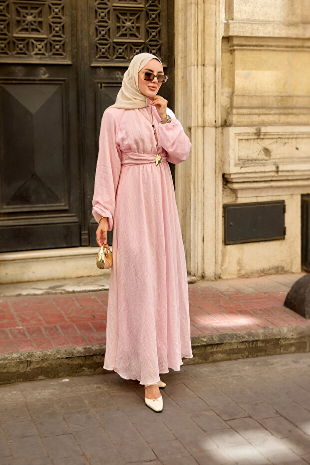 Women's Front Bronchus Detailed Tulle Dress with Inner Lining Powder