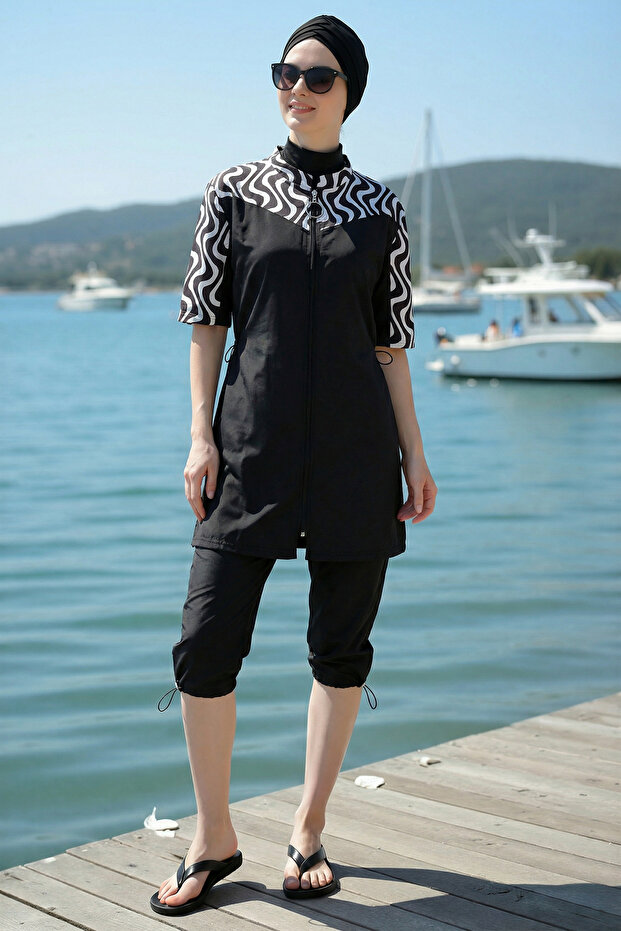 2-Piece Set (with Bonnet Gift) Short Sleeve Fisherman's Front Zipper Parachute Fabric Semi-Hijab Swimsuit D1