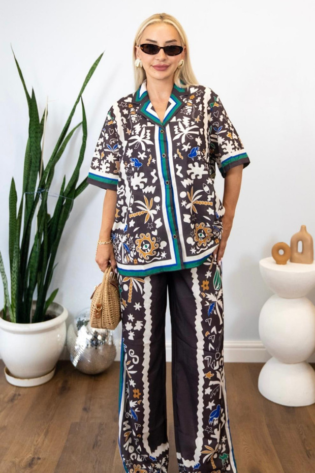 Patterned Linen Women's Top and Bottom Set