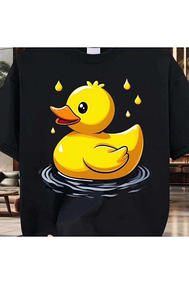 Fun Black T-shirt Decorated with Cartoon Yellow Rubber Duck Pattern and Raindrop Elements