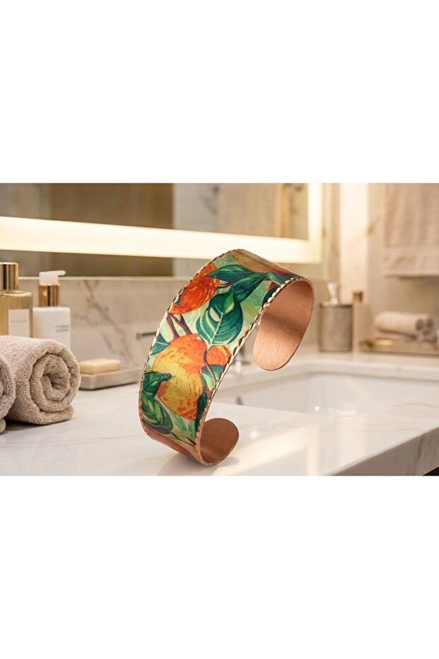 Copper Orange and Leaf Pattern Wide Adjustable Cuff Bracelet