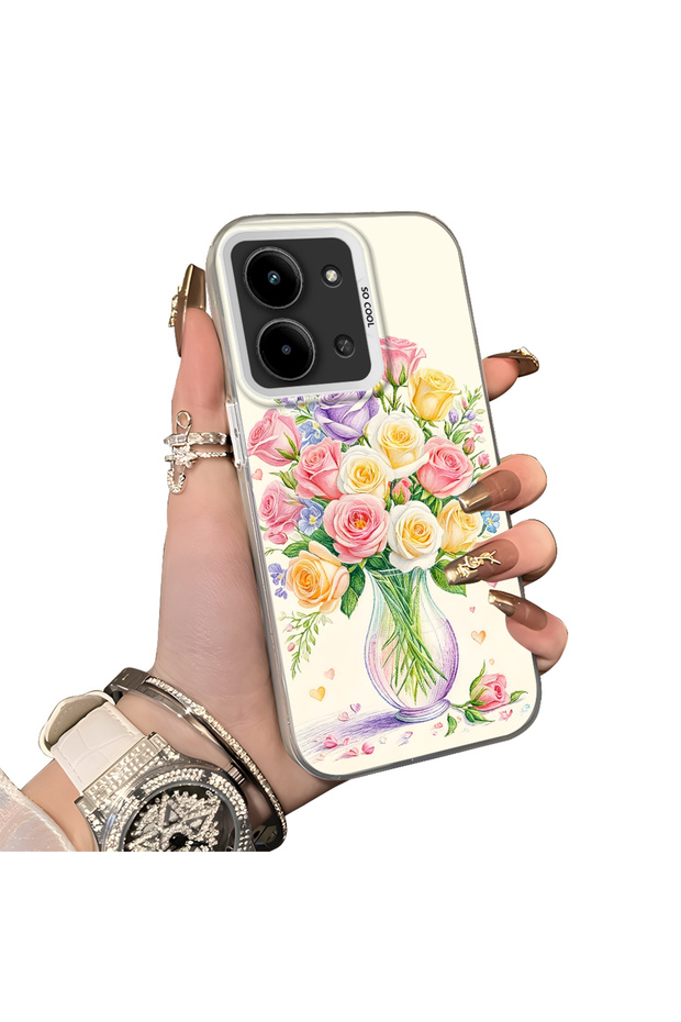 Redmi 15C 5g Compatible Silicone Edge Hard Back Case Couple Phone Case with Floral Pattern