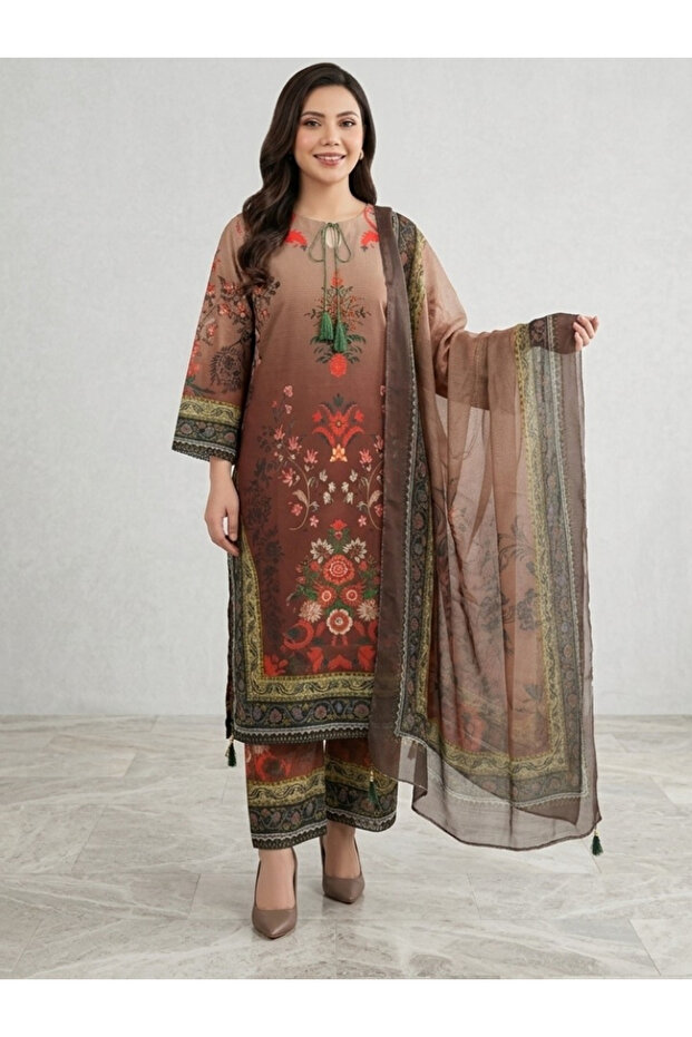Brown Doriya Lawn Printed Suit Set - AFK9062 | Brown