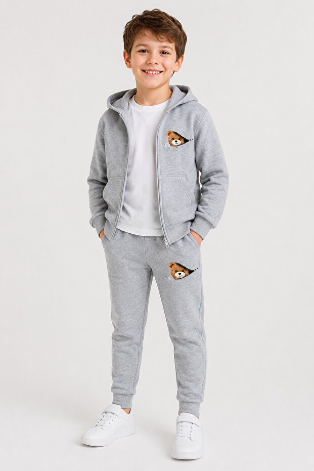 Zippered Teddy Bear Printed Zippered Boys' Top and Bottom Tracksuit Set