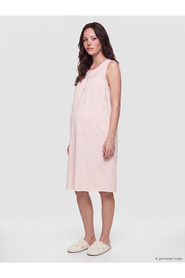 Lcw Dream Pink Crew Neck Embroidered Maternity Nightgown