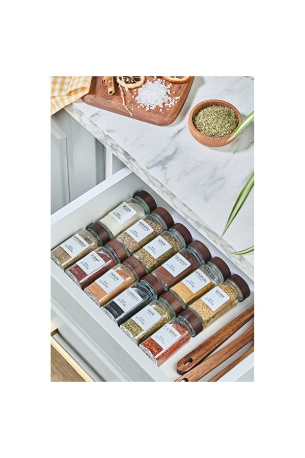 12-Piece Acacia Square Glass Spice Jar Set and 56 Labels Set