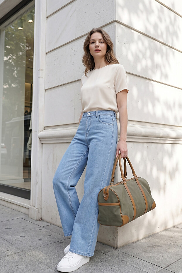 Palazzo Denim Trousers with Zipper Pockets - Baby Blue