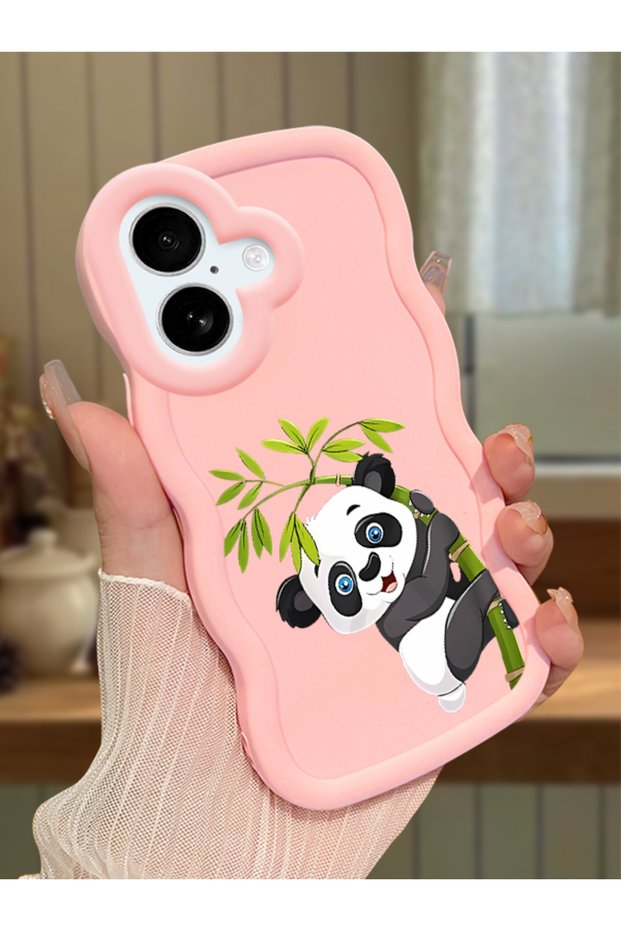 iPhone 16 Plus Compatible Case with Camera Protector Pink Silicone Couple Phone Case Panda Pattern