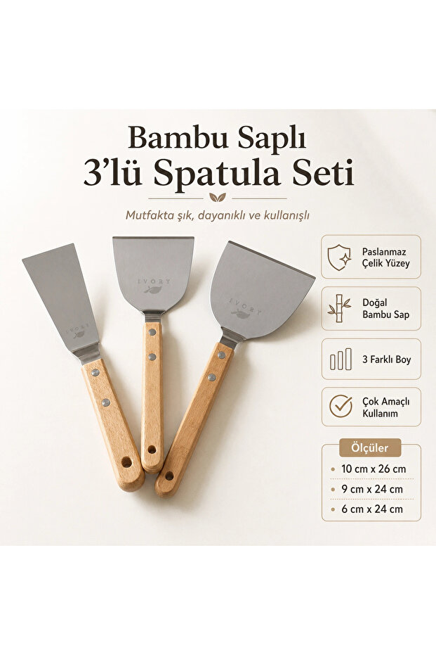 Bambu Saplı 3'lü Paslanmaz Çelik Spatula Seti