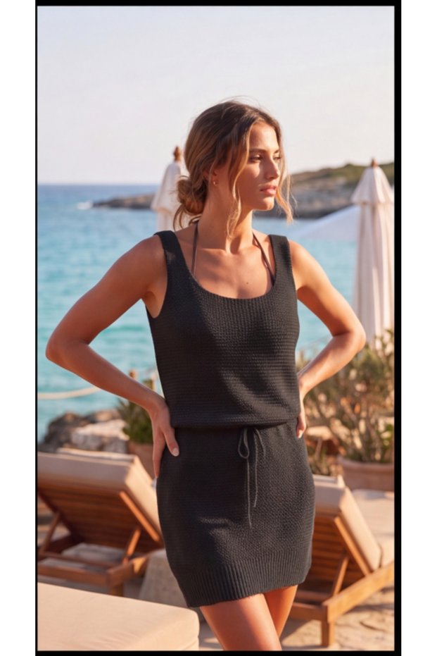 Women's Strappy Square Neck Knitwear Pareo with Waist Tie