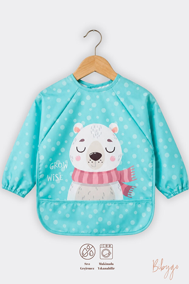 Long Sleeve Waterproof Baby Food and Activity Bib with Pockets - Cute Bear Pattern 6-24 Months