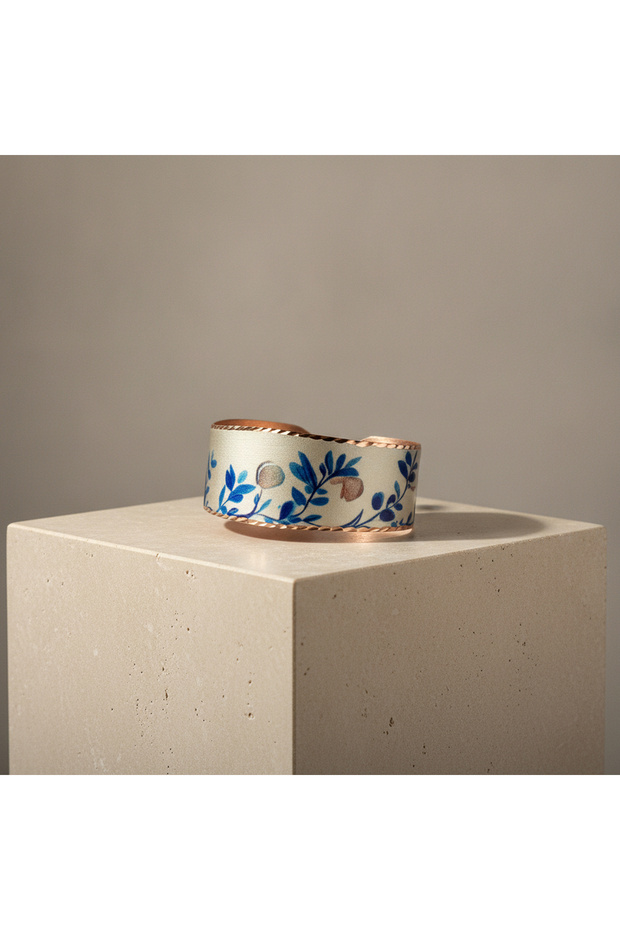 Copper Blue Botanical Patterned Wide Adjustable Cuff Bracelet