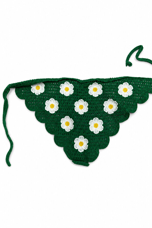 Green Daisy Patterned Crochet Knitted Bandana Hair and Neck Accessory