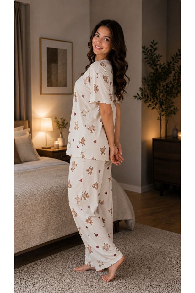 Embroidered Milan Knitted Short Sleeve Oversized Women's Pajama Set