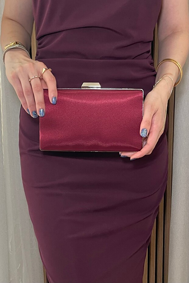 Women's Burgundy Satin Evening Dress Bag with Silver Accessories - Chain Strap Hand and Shoulder Bag