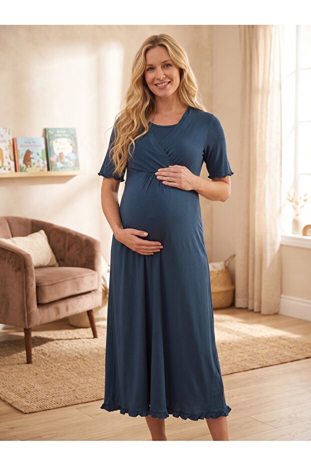 New Season Navy Blue Summer Double-Breasted Collared 100% Cotton Design Short Sleeve Maternity Nightgown