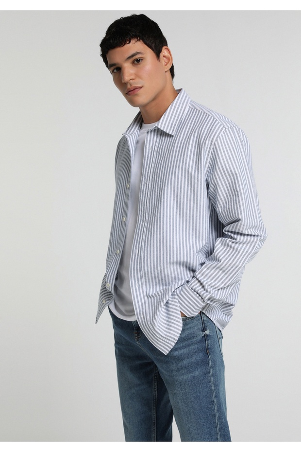 Regular Fit Shirt Neck Striped Men's Blue Long Sleeve Shirt