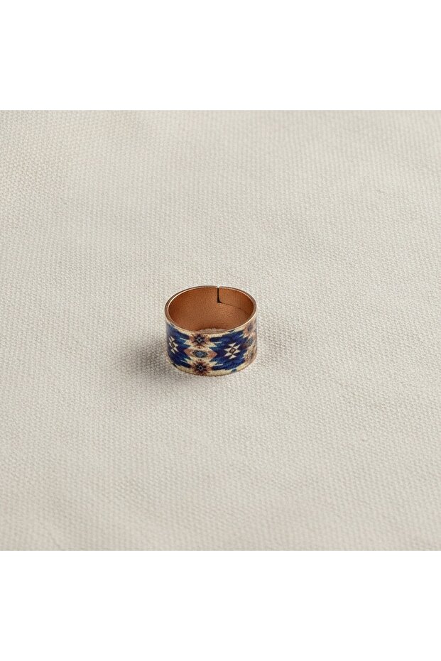 New Series Copper Navy Blue Cream Zigzag Patterned Wide Form Adjustable Ring