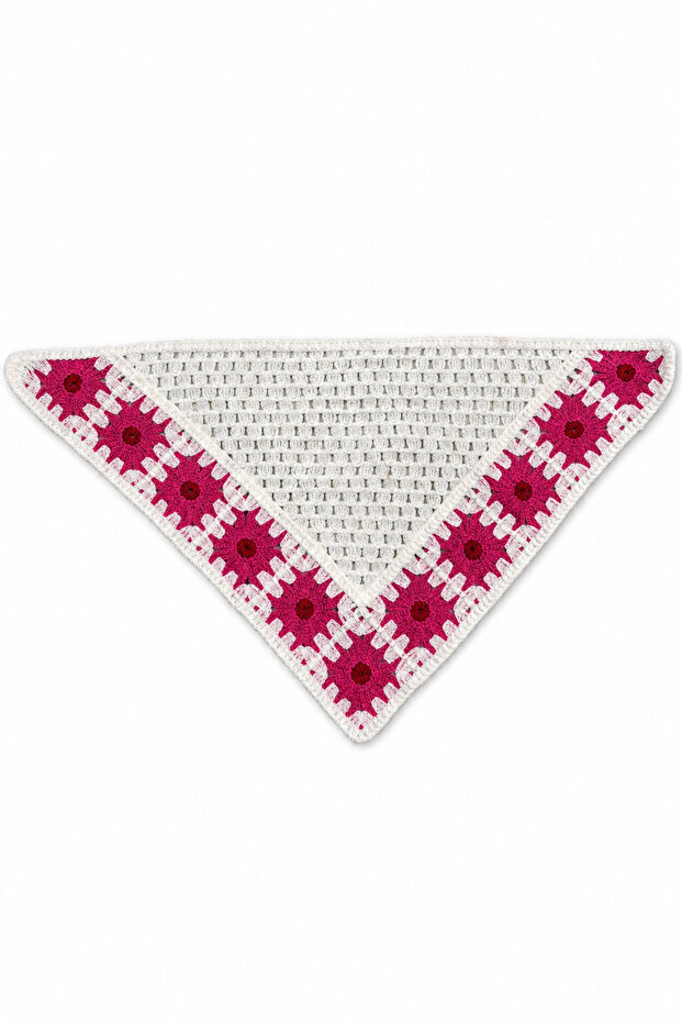 Hand Knitted Crochet White Fuchsia Floral Patterned Triangle Bandana Scarf Hair and Neck Accessory