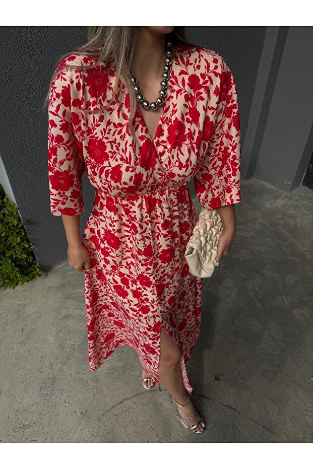 Women's Patterned Summer Double-Breasted Collar Slit Ankle-Length Dress 11B-2408