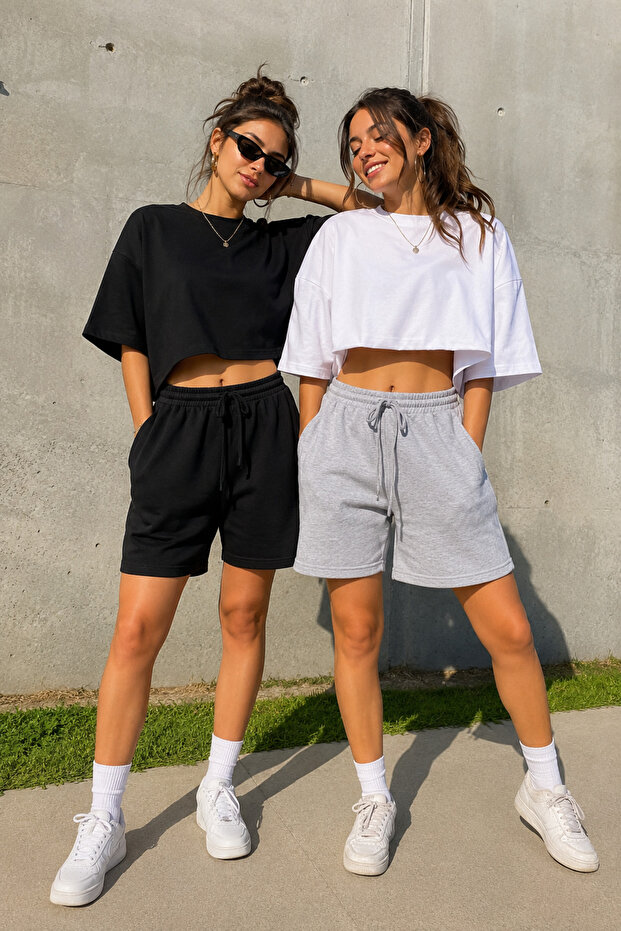 2-Piece Shorts for Women (Black-Grey) Summer Shorts Anti-Sweat